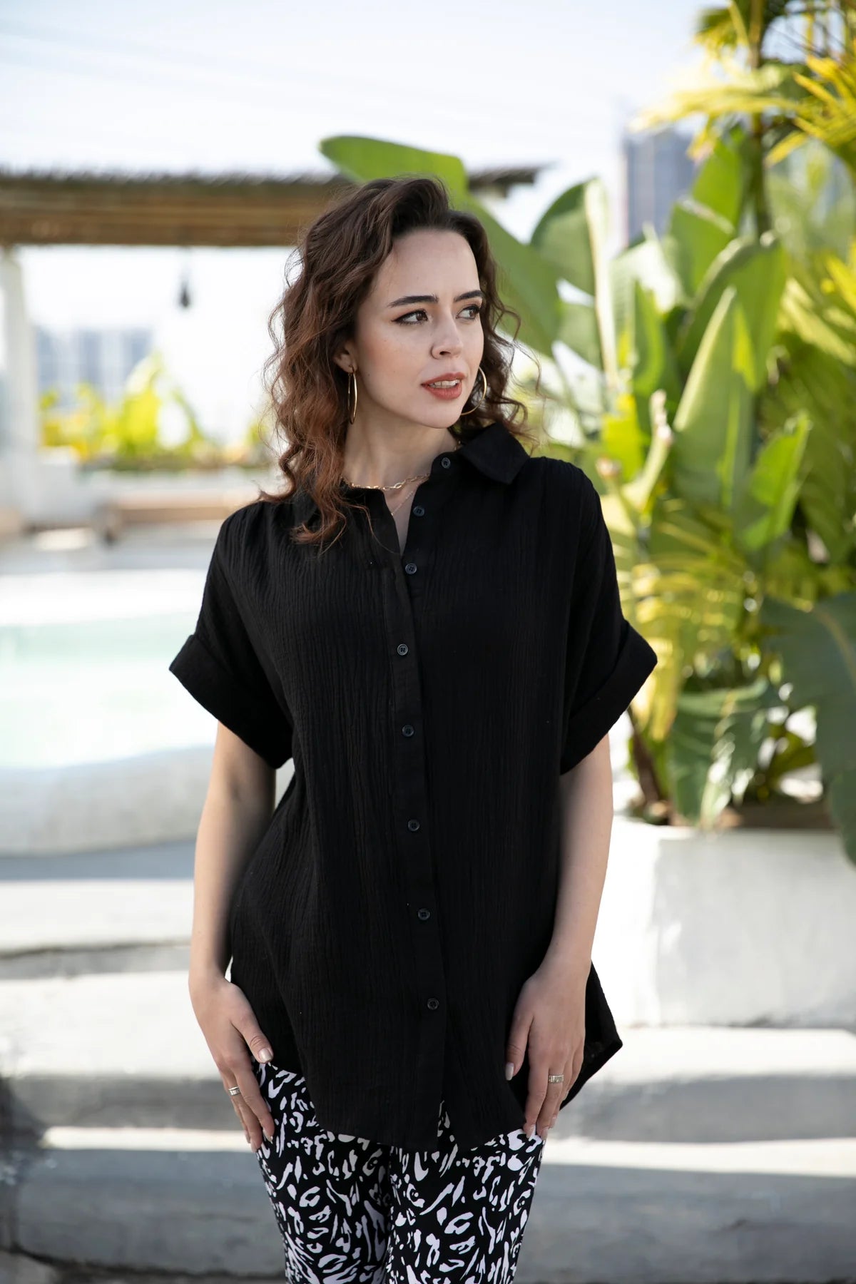 Fashion Village Black Button Up Cotton Top