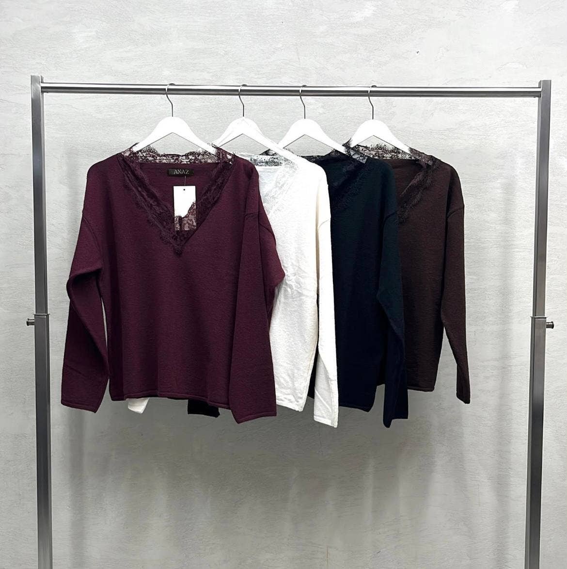 Lace-Trimmed V-Neck Oversized Knit Sweater: Burgundy