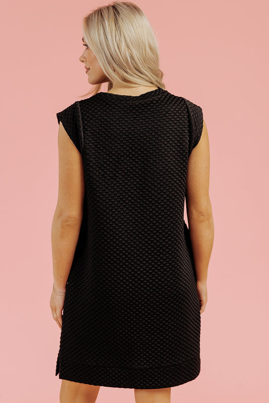 IG Black Textured Cap Sleeve T-shirt Shift Mini Dress