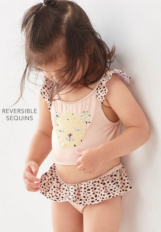 Kids Ruffle Sleeve Animal Print Skirt Bikini