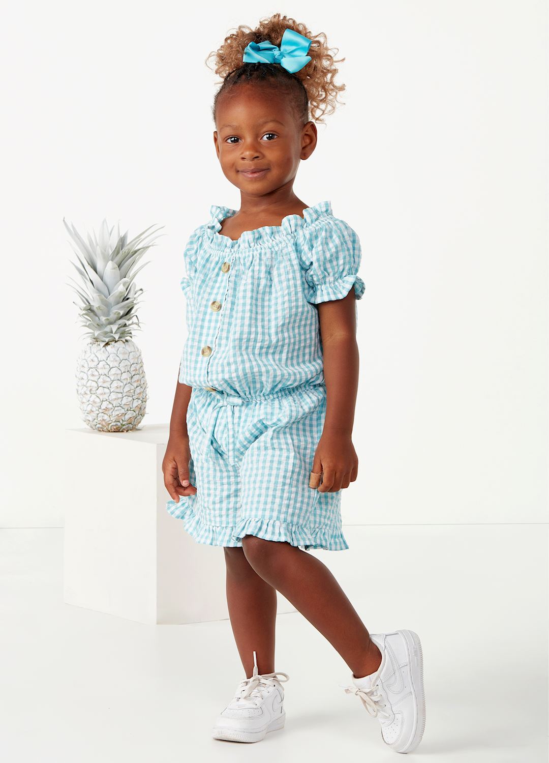 Toddler Mini Check Romper in Teal