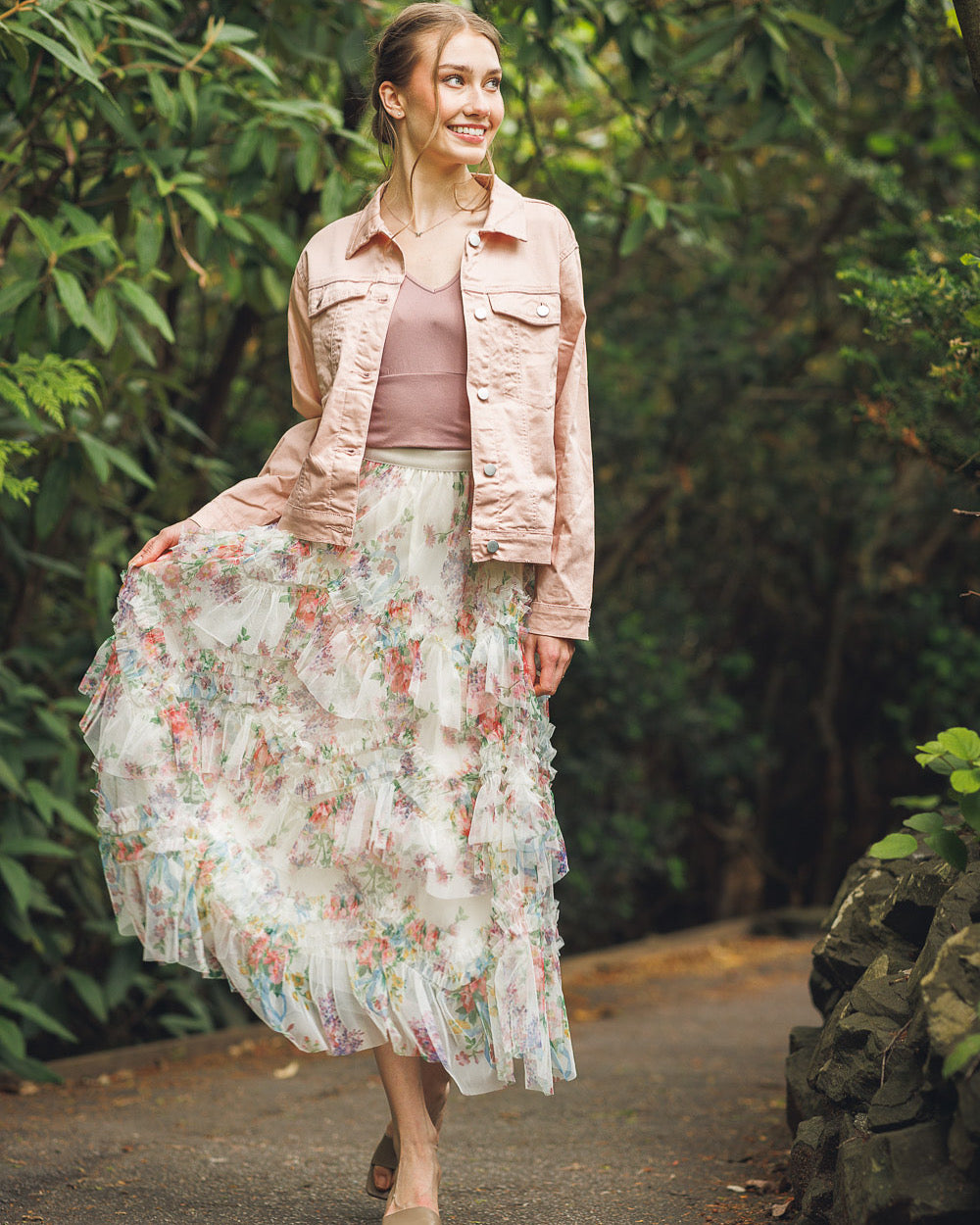 Papillon PS18909 Cream Tiered Floral Elastic Skirt