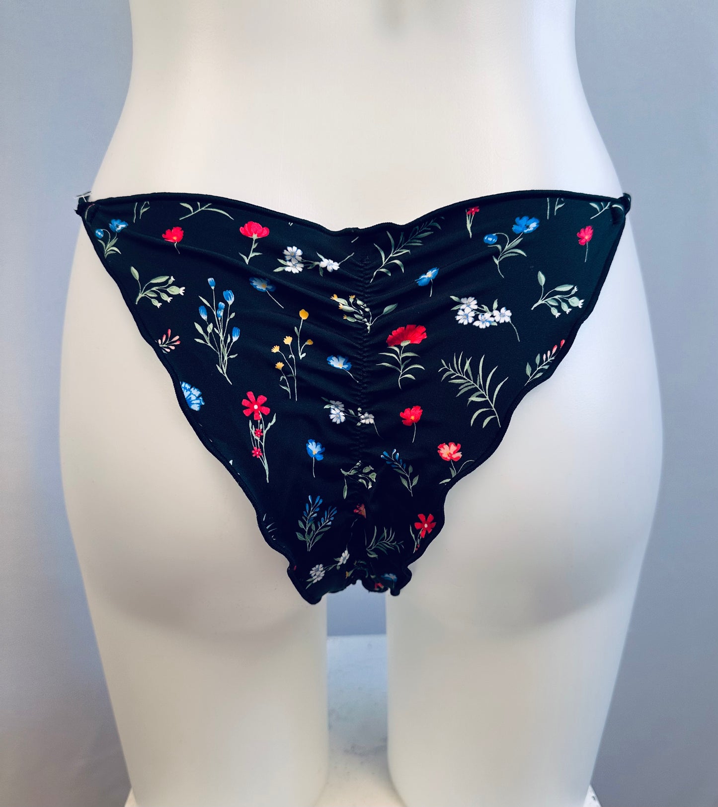 BS Black Floral Print Rushed Brazilian Swim Bottom