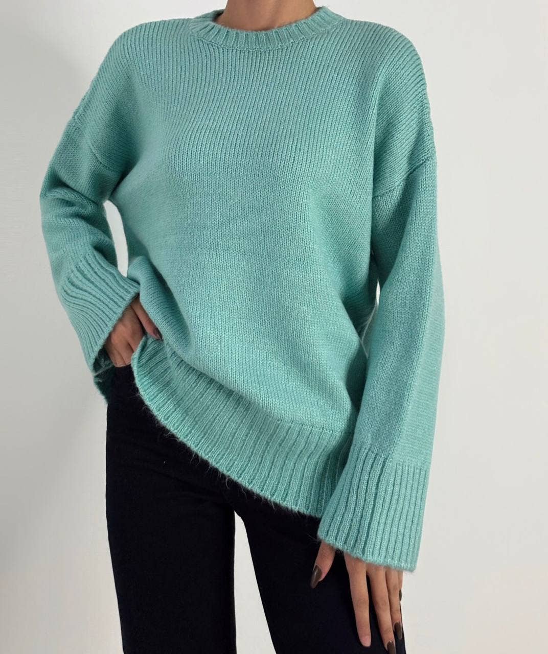 Oversized Crewneck Knit Sweater – Ribbed: Teal