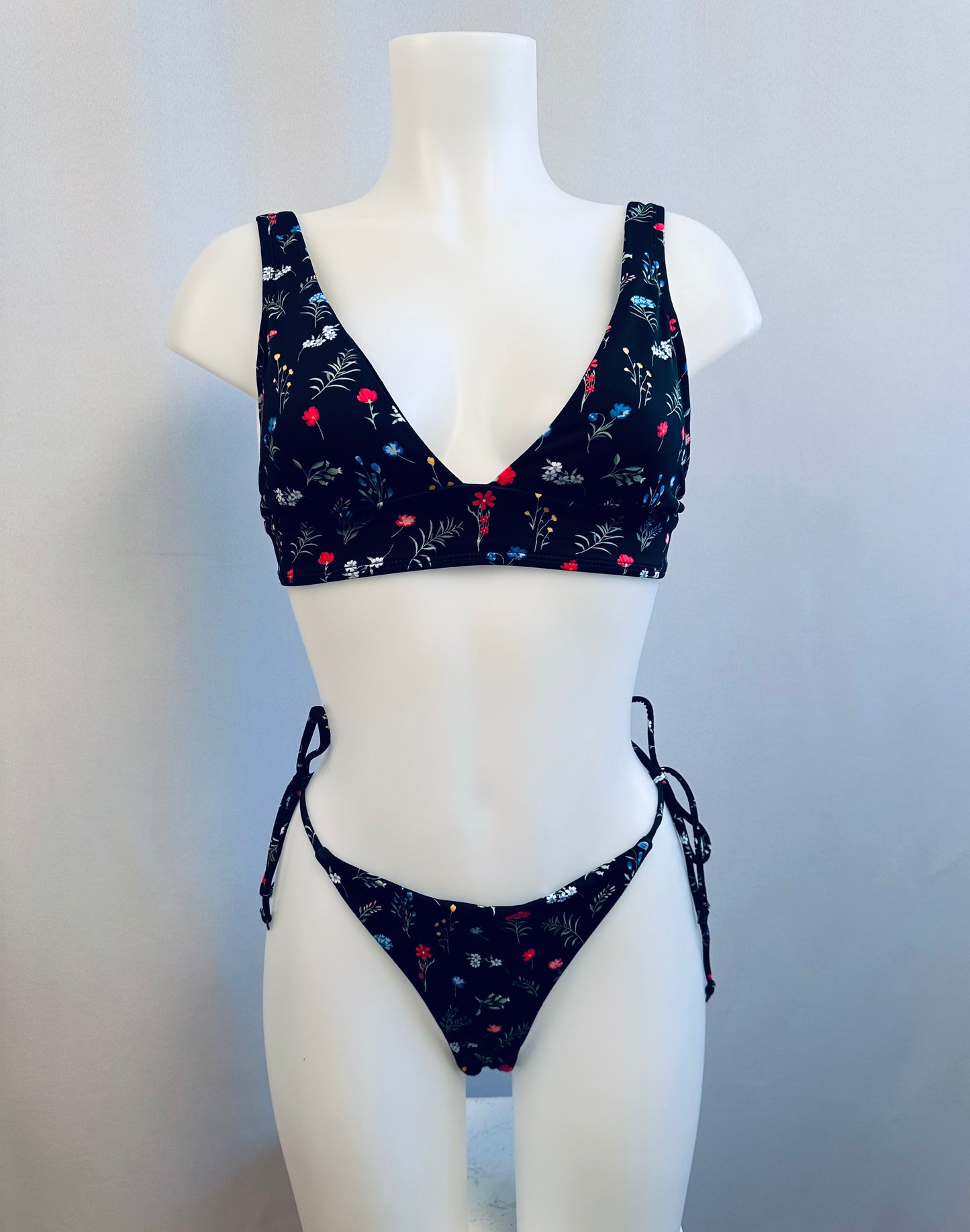 BS Black Floral Print Rushed Brazilian Swim Bottom