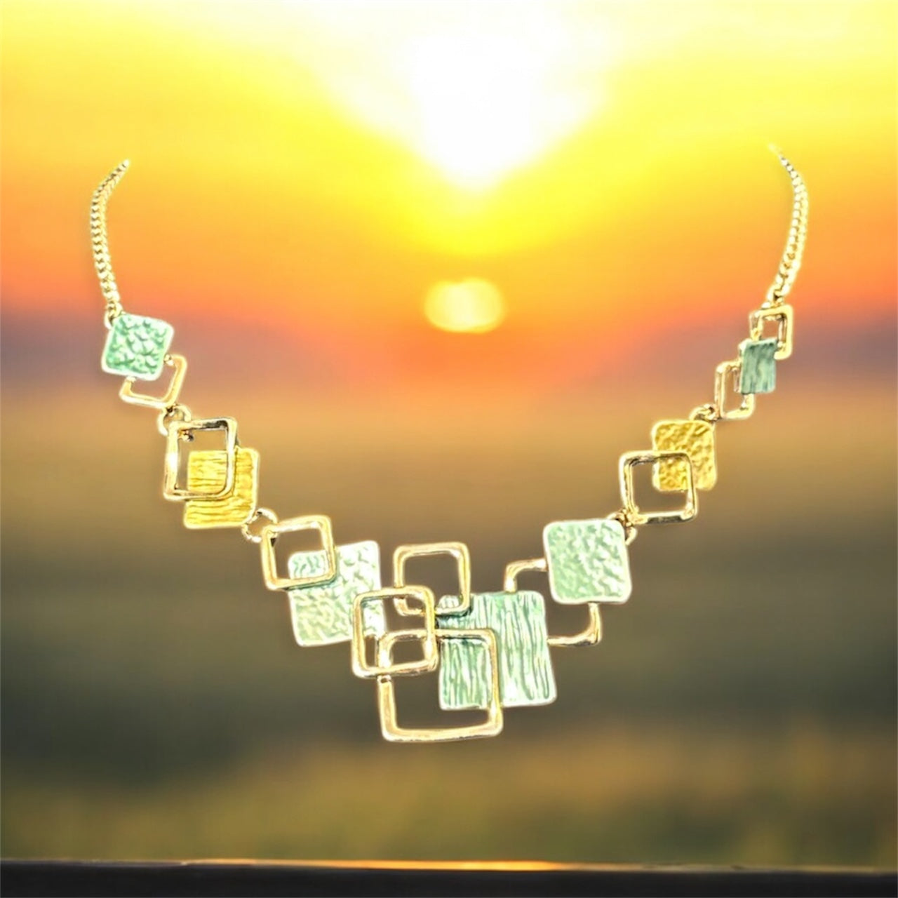 Square Teal and Gold Necklace