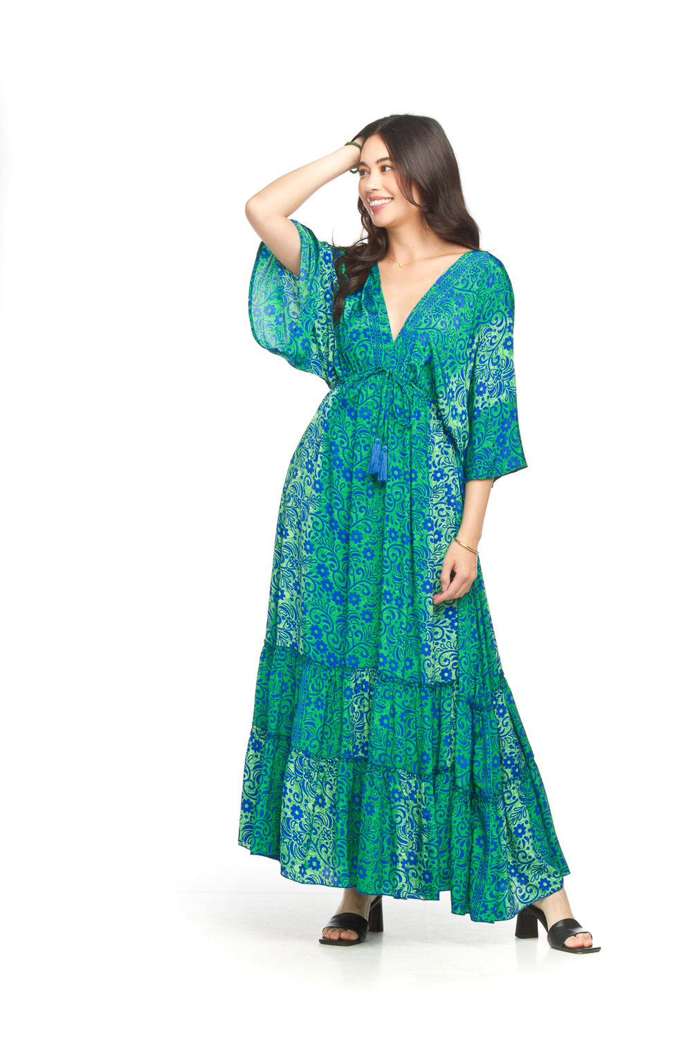 Papillon PD18527 Green Tiered Floral Kimono Sleeve Maxi Dress