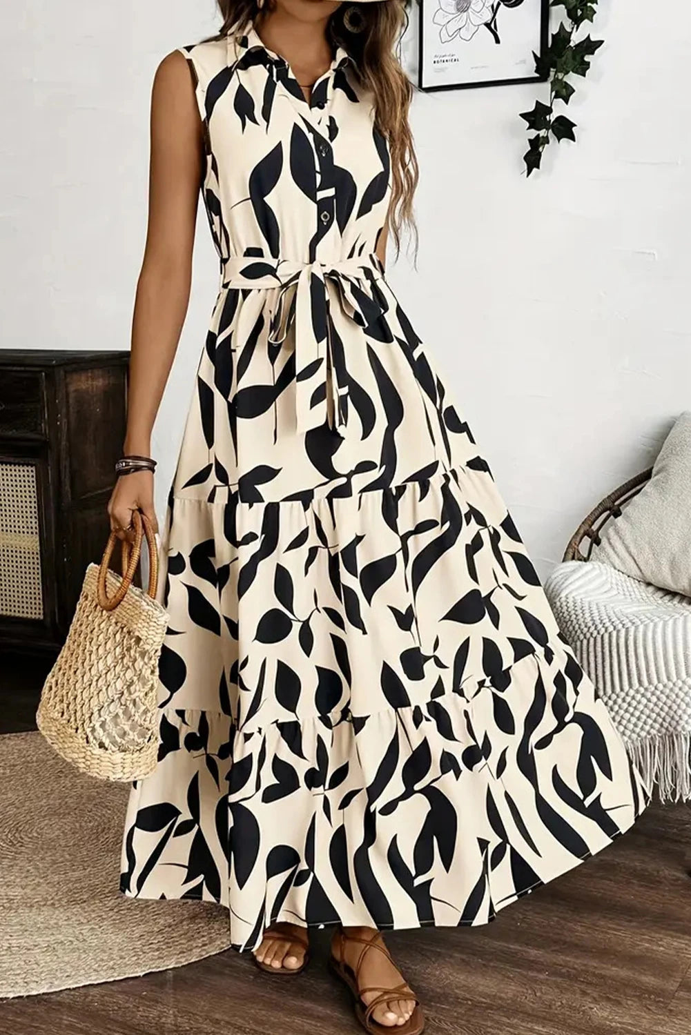 IG Abstract Print Knot Waist Collar Sleeveless Maxi Dress