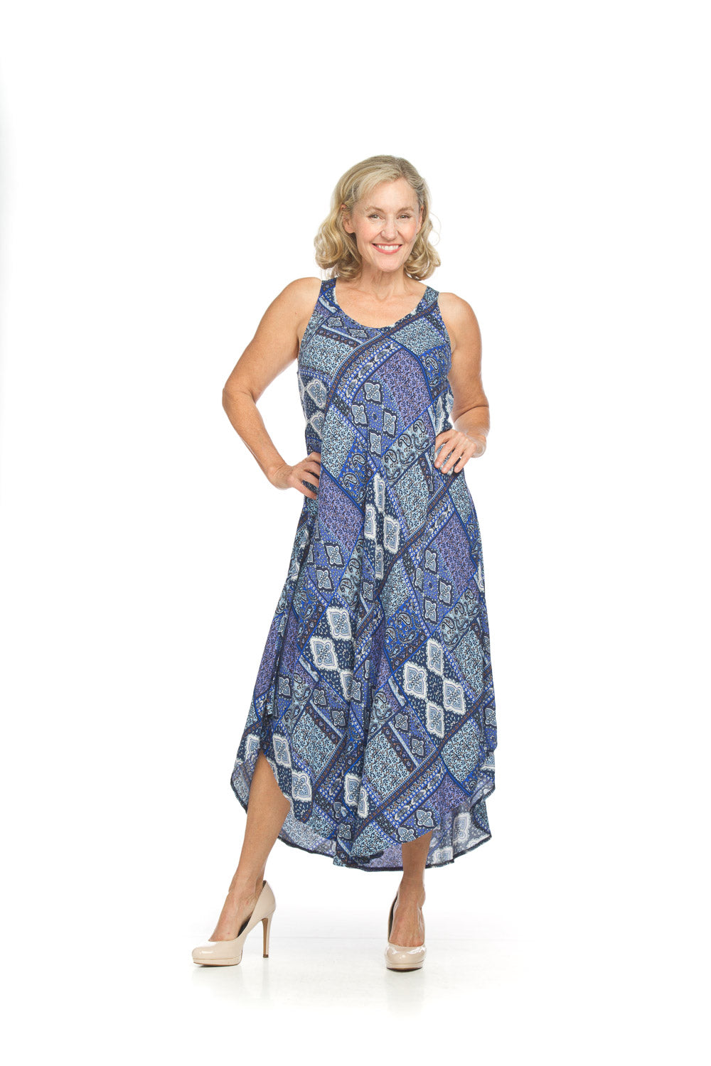 Papillon PD18576 Blue Patchwork Sleeveless Maxi Dress