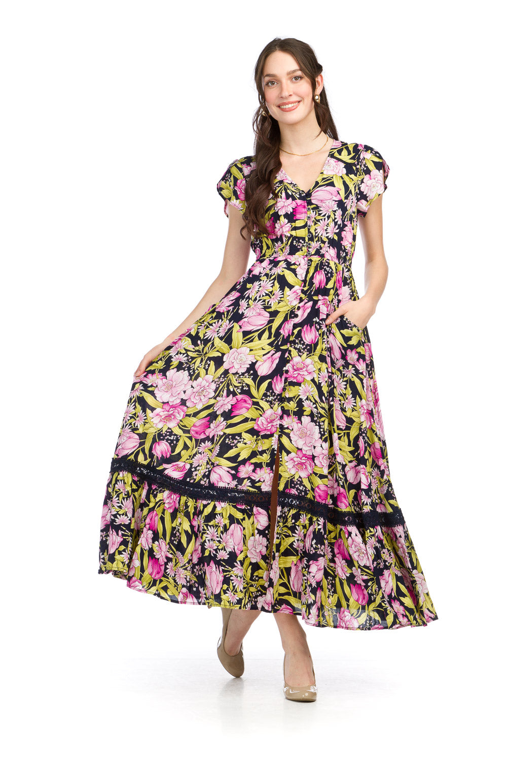 Papillon PD16677 Black Floral Short Sleeve Maxi Dress