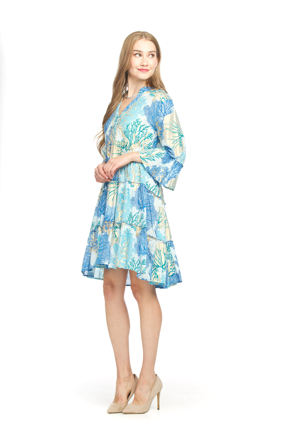 SALE Papillon PD18629 Blue Tiered Shimmer Coral Printed Dress