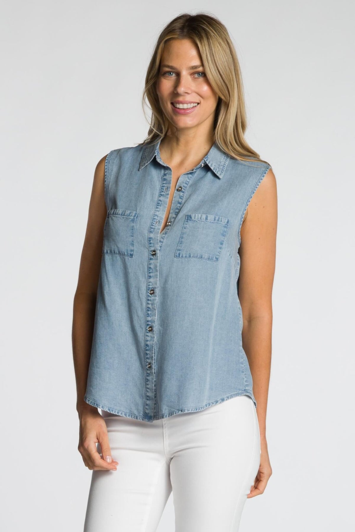 DKR Denim Sleeveless Button Front Top with Chest Pockets