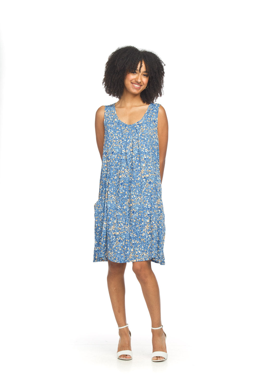 Papillon PD18580 Blue Floral Front Pleat Swing Dress with Pockets