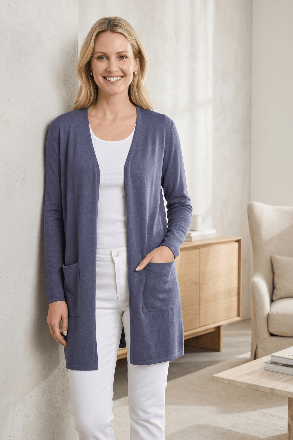 DKR Indigo Long Sleeve Open Cardigan with Patch Pockets