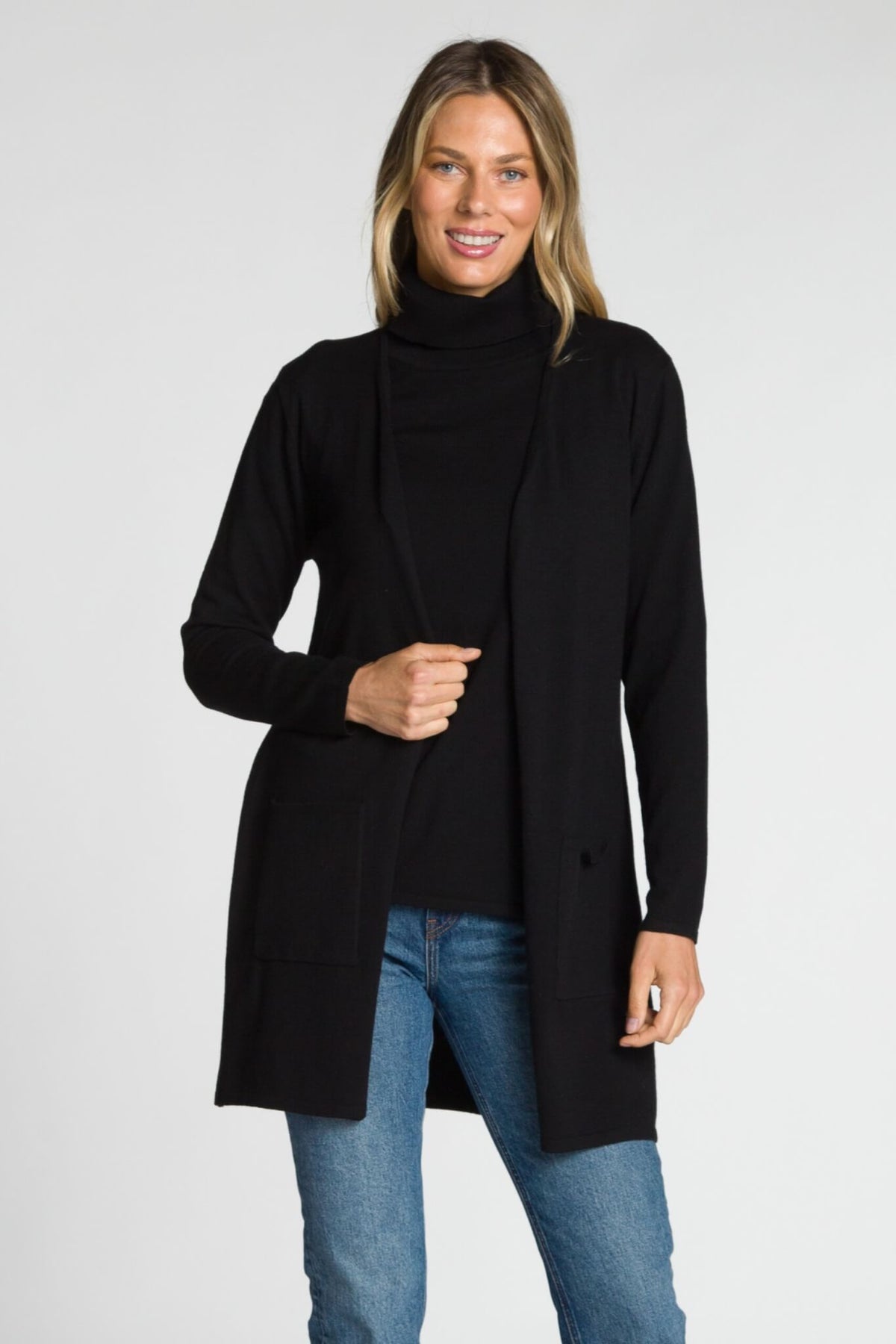 DKR Black Long Sleeve Open Cardigan with Patch Pockets