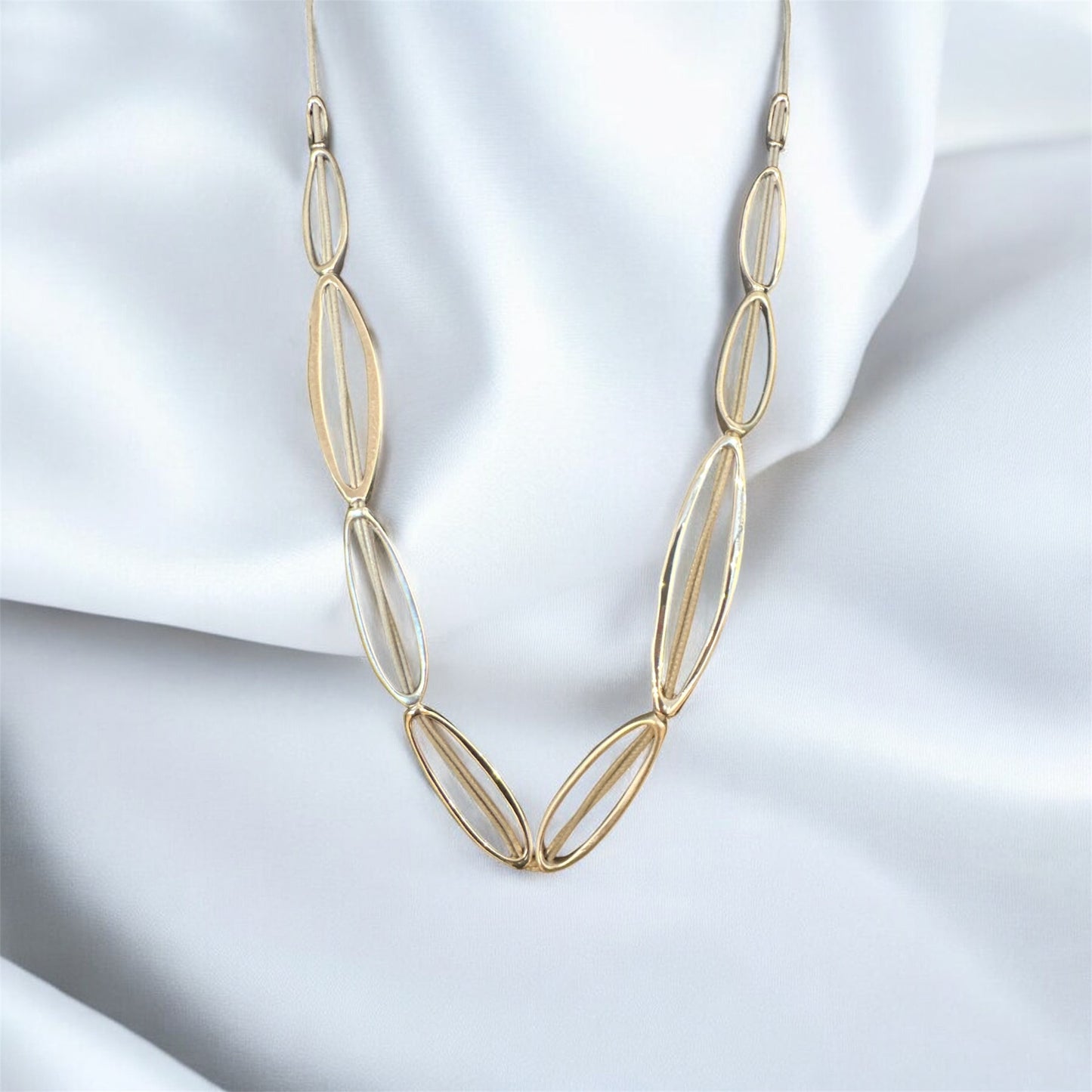 Long Grey Leather Chain with Silver Ovals