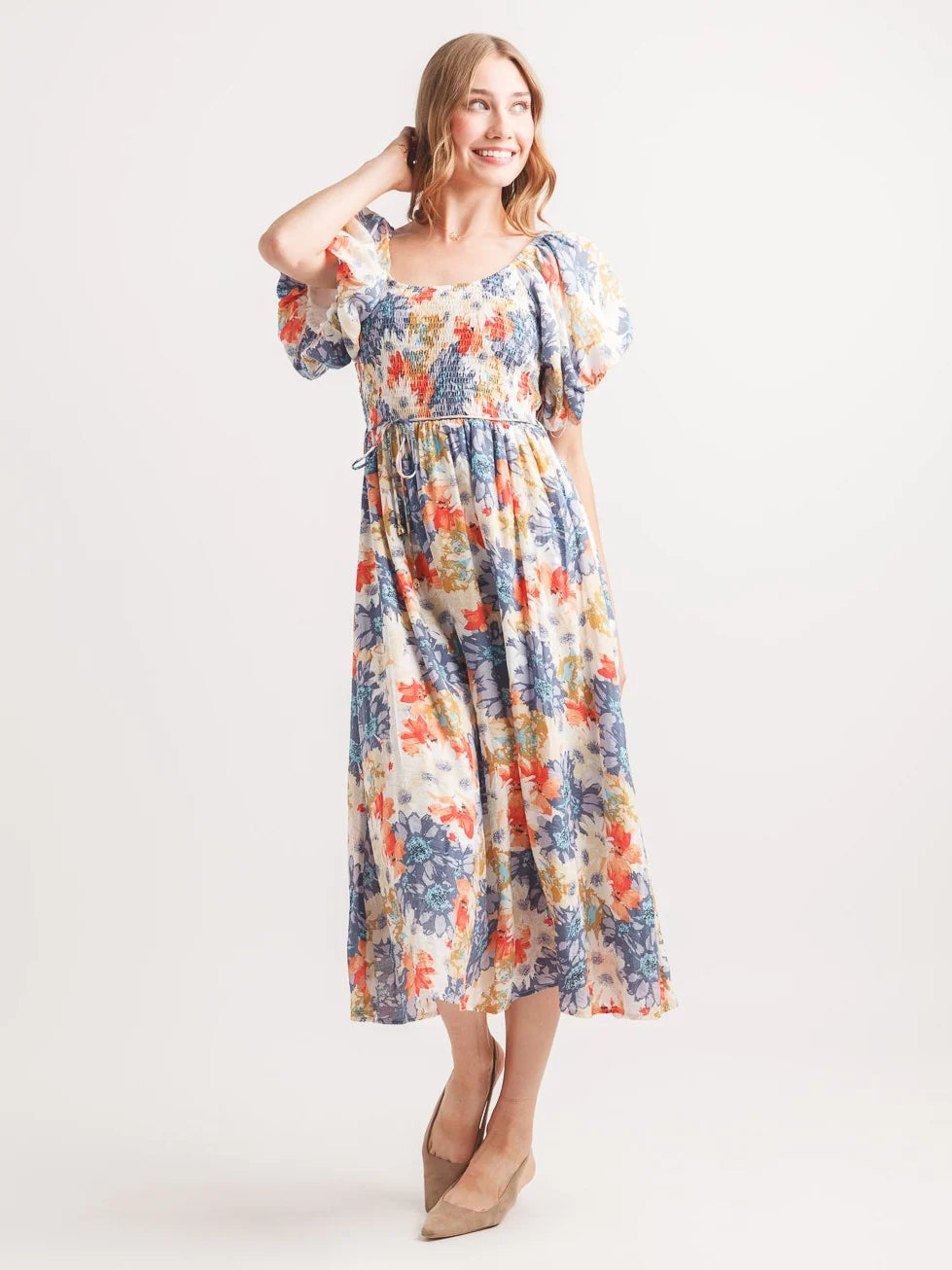 SALE Papillon PD20573 Floral Smocked Print Puff Sleeve Dress