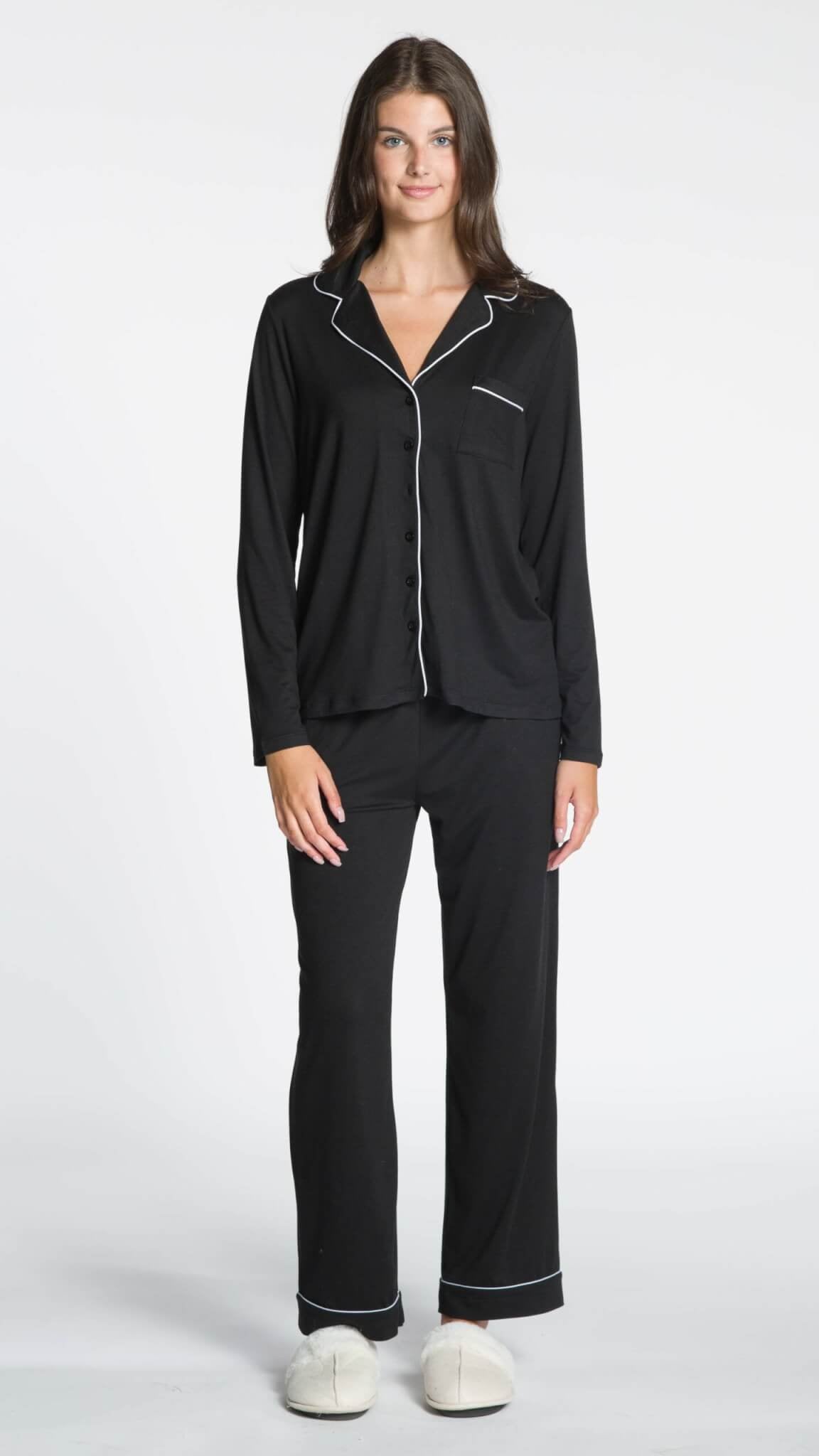 Long Sleeve Button Up PJ Set in Black