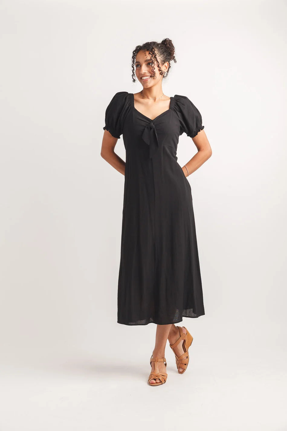 Papillon PD18504 Black Ots V Neck Midi Dress With Pockets