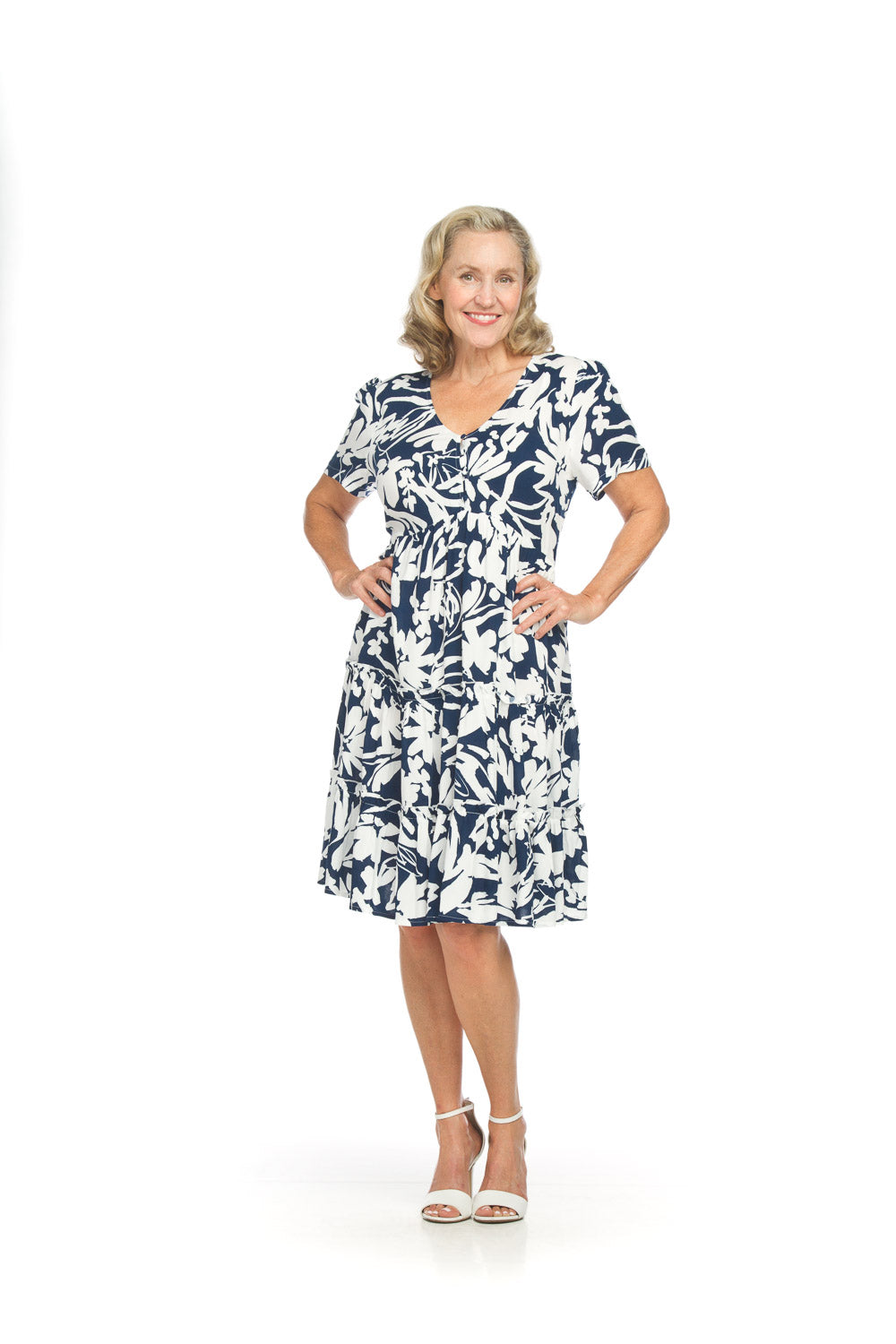 Papillon PD18558 Navy Short Sleeve Tiered Floral Henley Dress