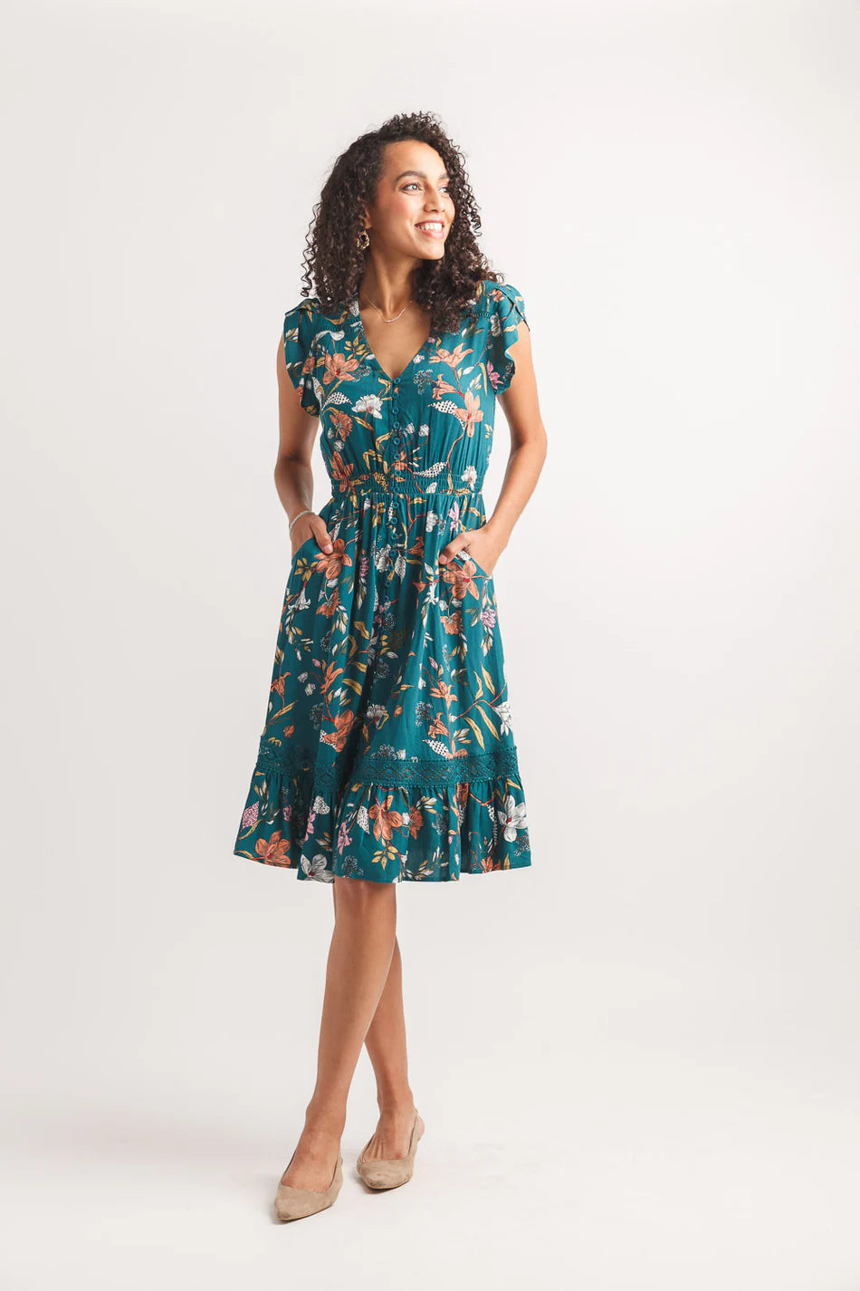 Papillon PD20612 Short Sleeve Floral Dress With Lace Inset