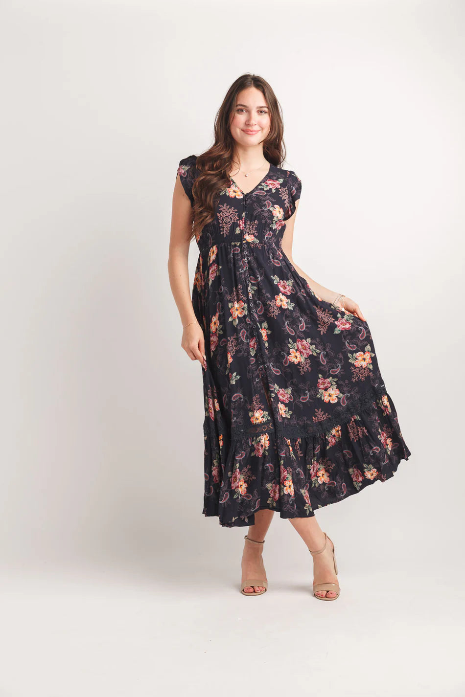 Papillon PD20667 Floral Short Sleeve Button Front Maxi Dress