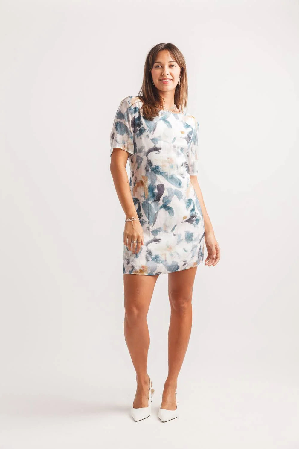 SALE Papillon PD20505 Blue Brush stroke Print Shift Dress With Back Zip
