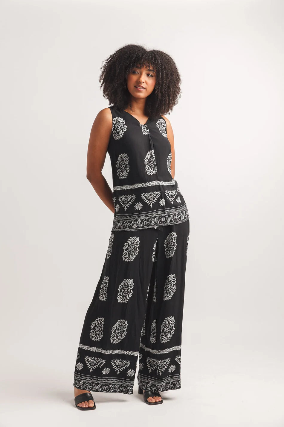 SALE Papillon PP20801 Border Print Wide Leg Pant with Elastic Waist and Pockets