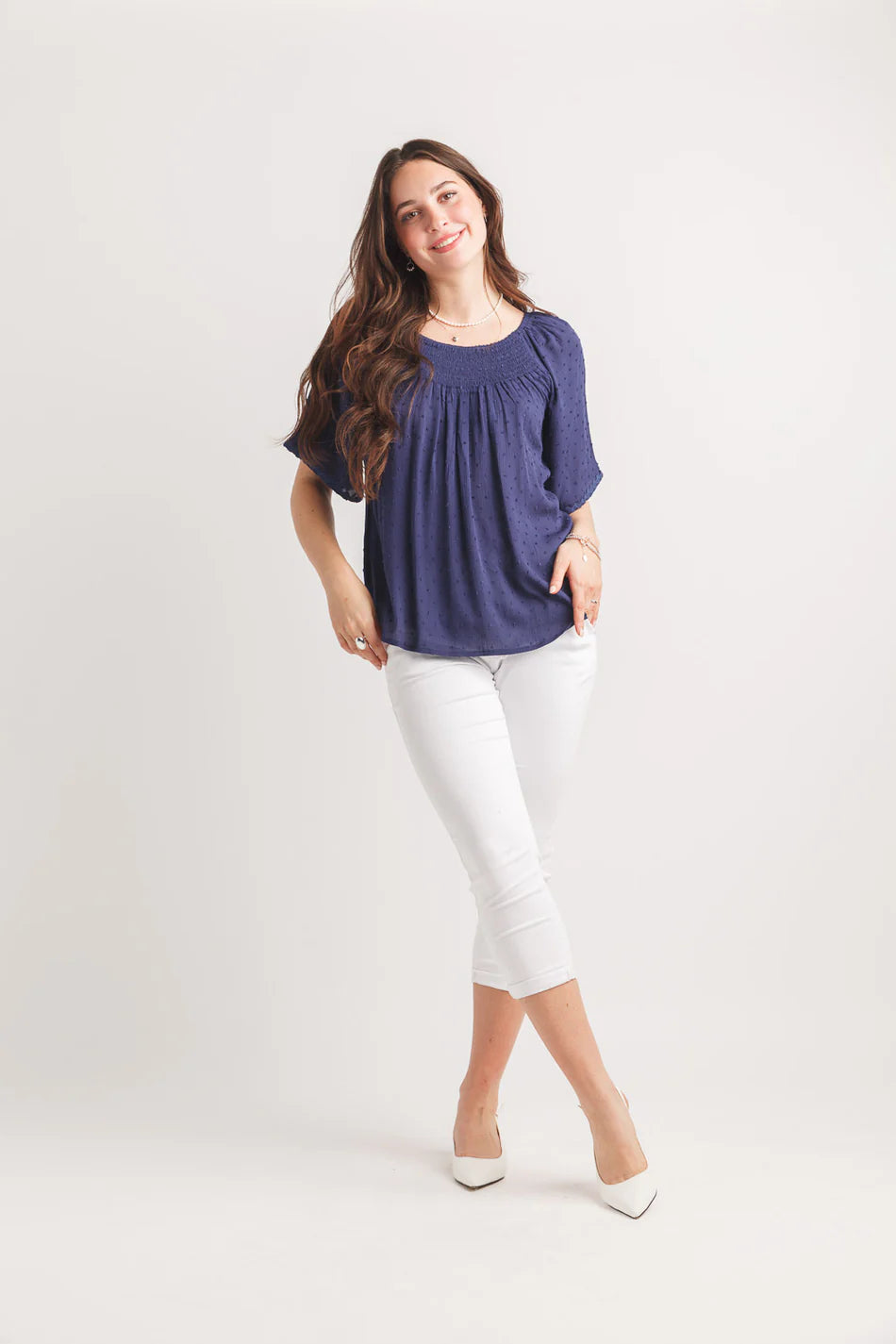 Papillon PT20080 Navy Swiss Dot Off The Shoulder Bell Sleeve Blouse