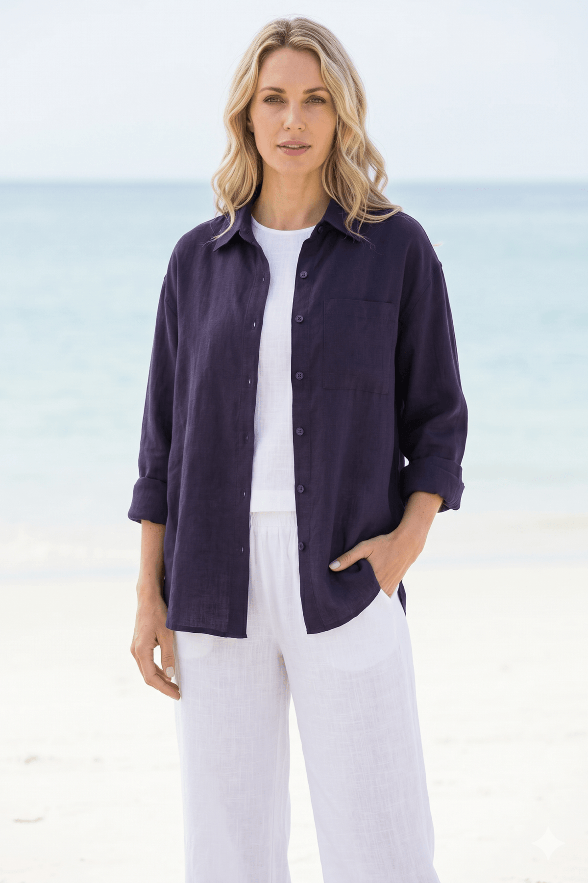 DKR Navy Long Sleeve Relaxed Fit Button Front Shirt with Chest Pocket