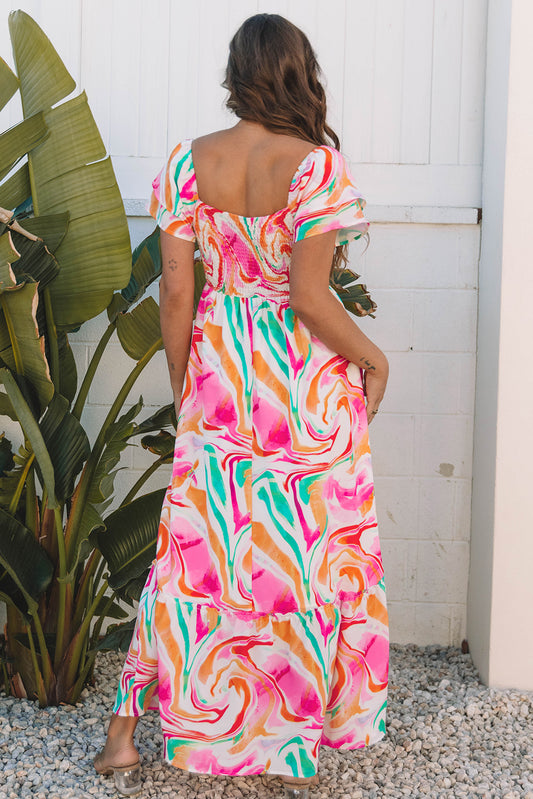 IG Pink Abstract Print Ruffled Sleeve Smocked Maxi Dress