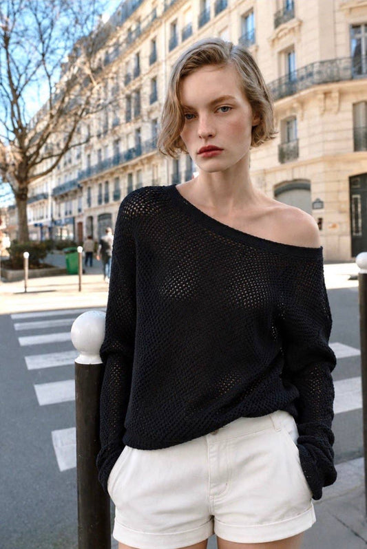 Open Knit Pre Fall Pullover : Black