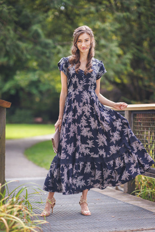 Papillon PD18600 Navy Leaf Print Short Sleeve Maxi Dress