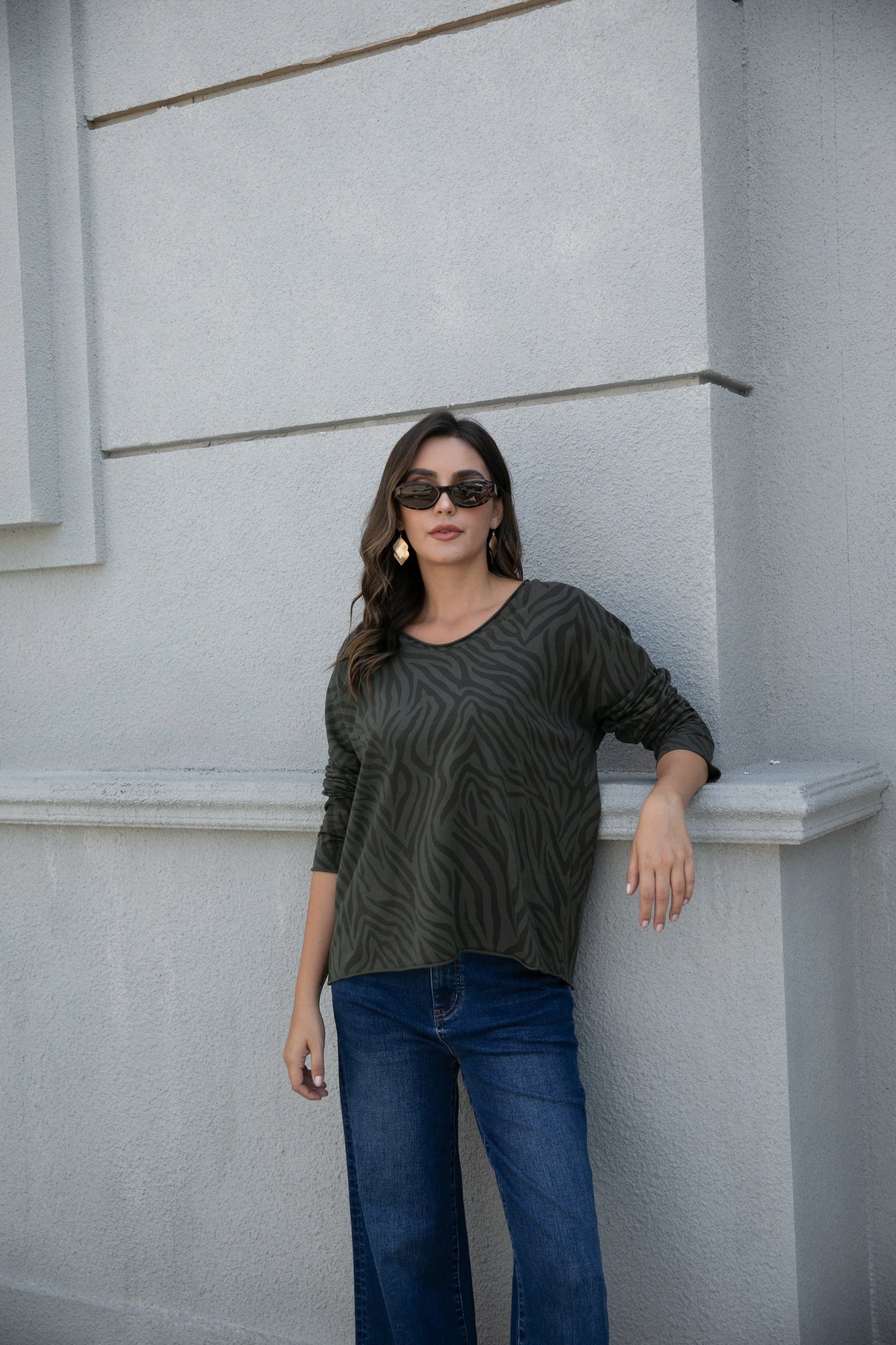 Fashion Village Animal Print Top in Olive