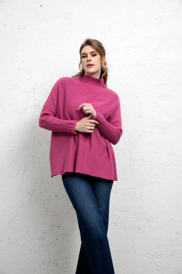Fashion Island Magenta Ribbed Knit Sleeve Sweater