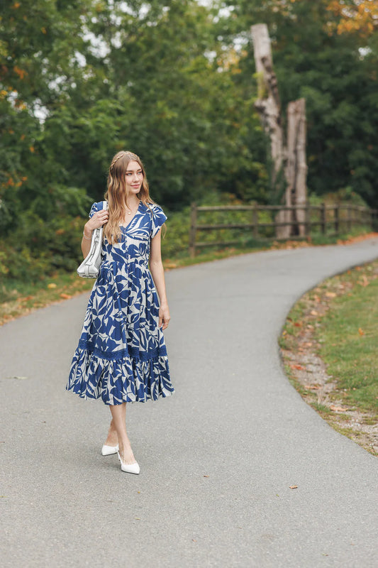 Papillon PD20638 Navy Short Sleeve Floral Dress with Lace Inset