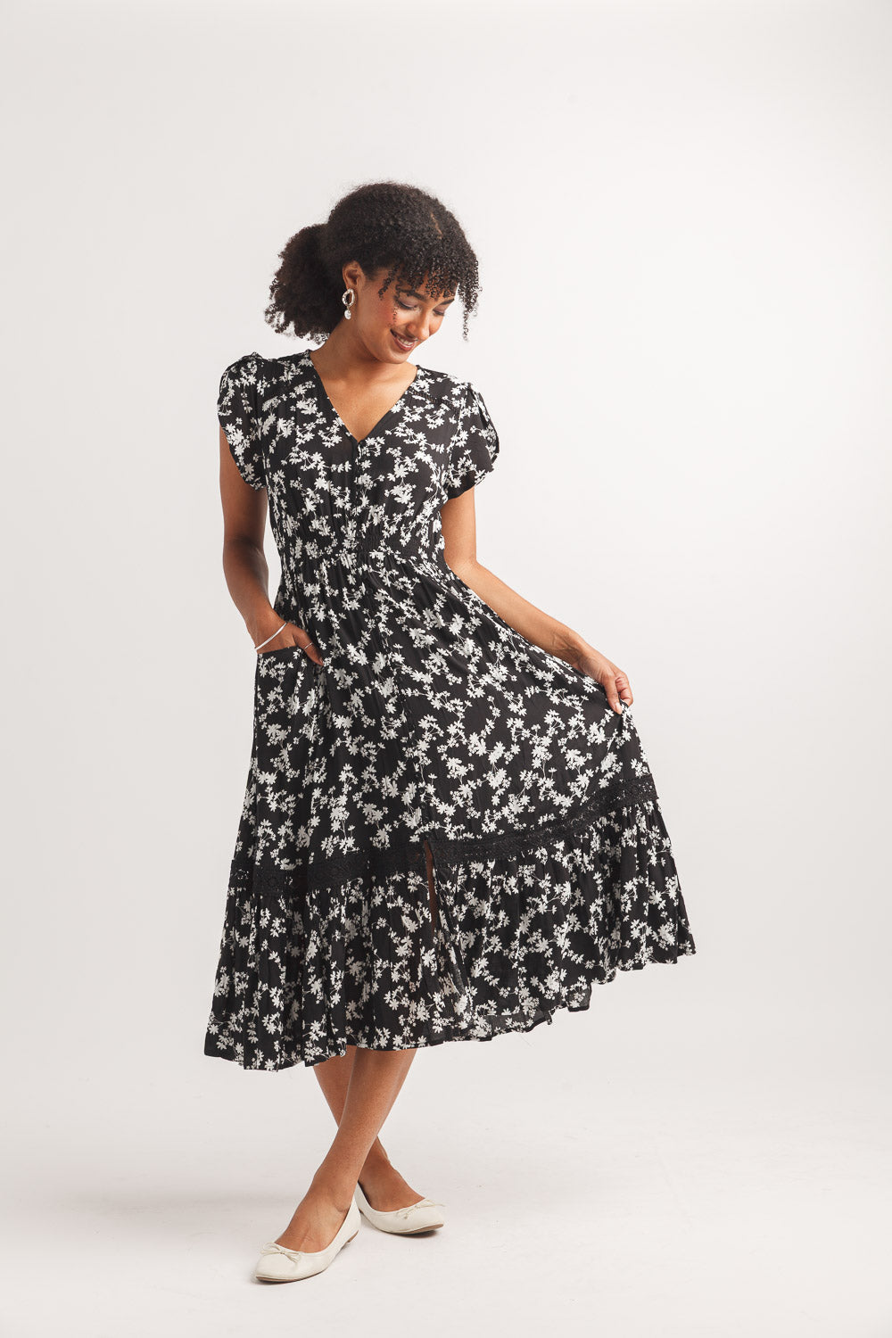 Papillon PD20626 Black Floral Short Sleeve Midi Dress