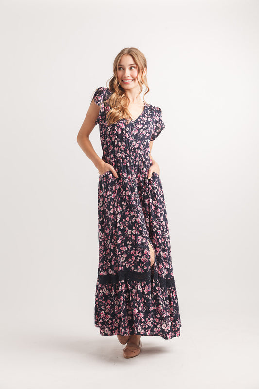 Papillon PD20660 Navy Floral Short Sleeve Maxi Dress