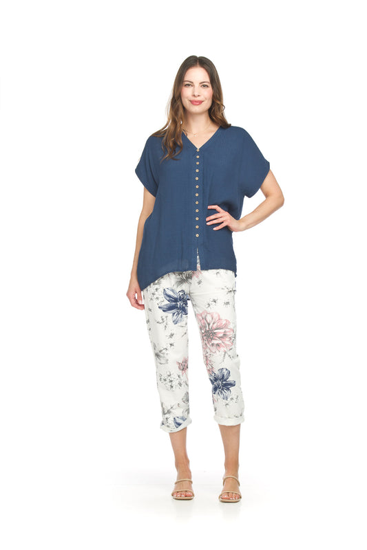 Papillon PT18032 Navy Short Sleeve Crinkle Button Front Top