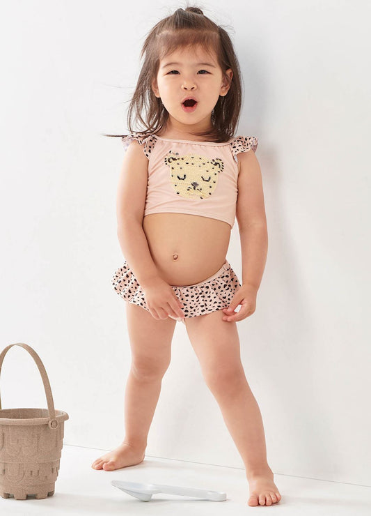 Kids Ruffle Sleeve Animal Print Skirt Bikini