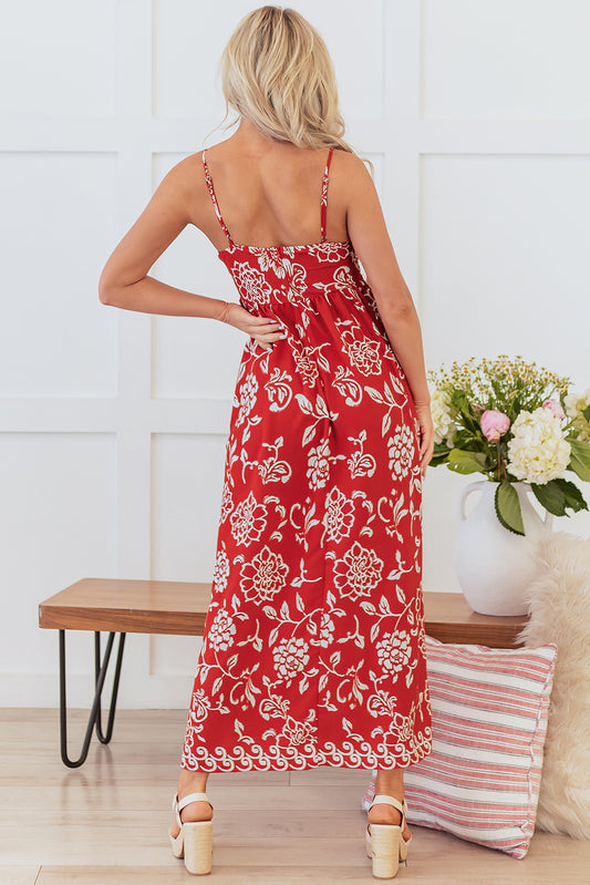 IG Red Floral Print Spagetti Strap Maxi Dress