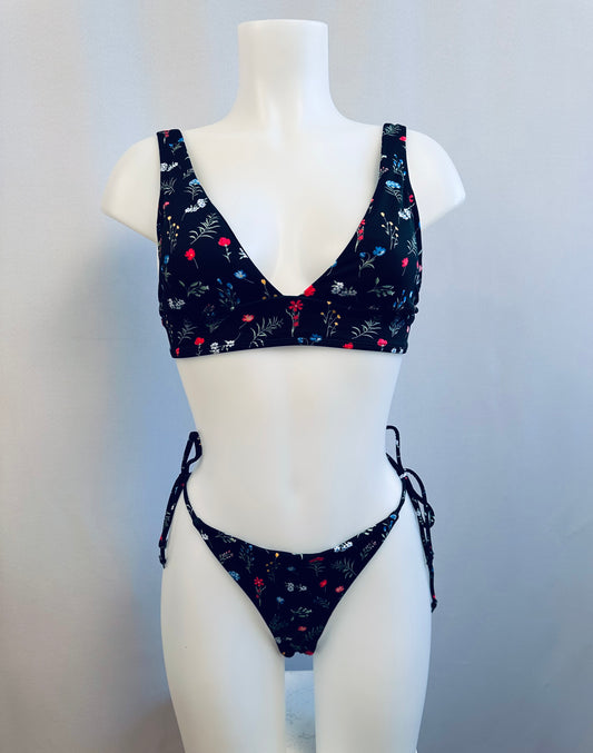 BS Black Floral Print Rushed Brazilian Swim Bottom