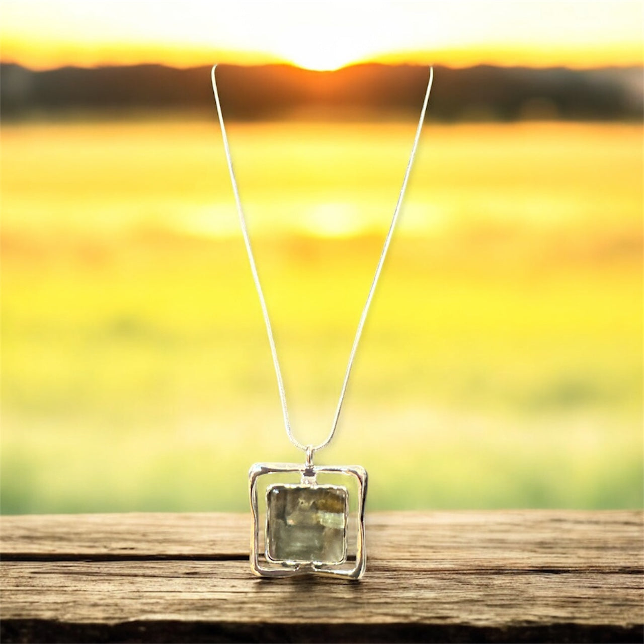 Square Stone Pendant on long Silver Chain