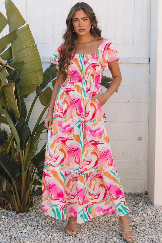 IG Pink Abstract Print Ruffled Sleeve Smocked Maxi Dress