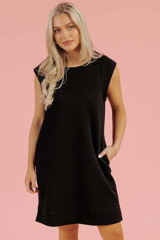 IG Black Textured Cap Sleeve T-shirt Shift Mini Dress