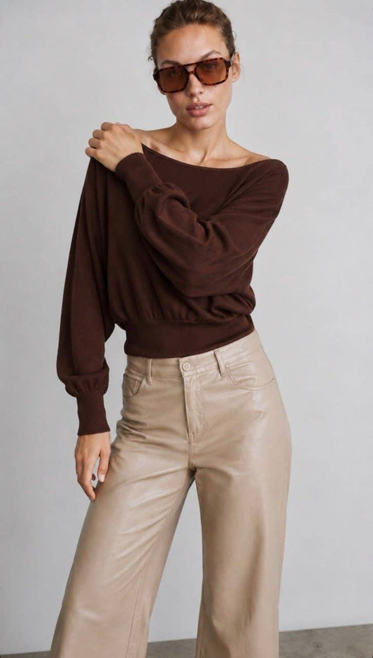 Off-the-Shoulder Long-Sleeve Knit Fall Sweater: Navy Blue