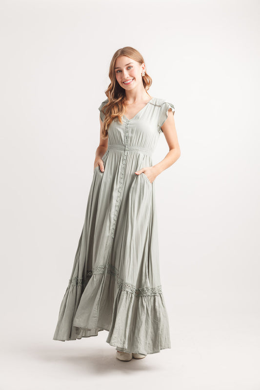 Papillon PD14514 Sage Lace Inset Maxi Dress