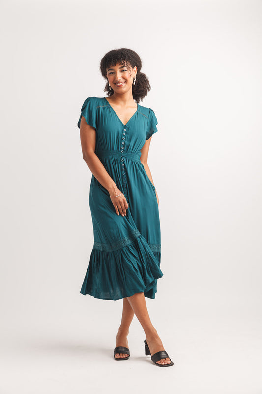 Papillon PD20610 Teal Short Sleeve Button Front Dress