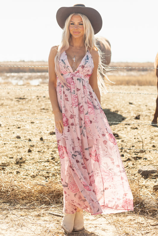 IG Pink Floral V-Neck Backless Maxi Dress