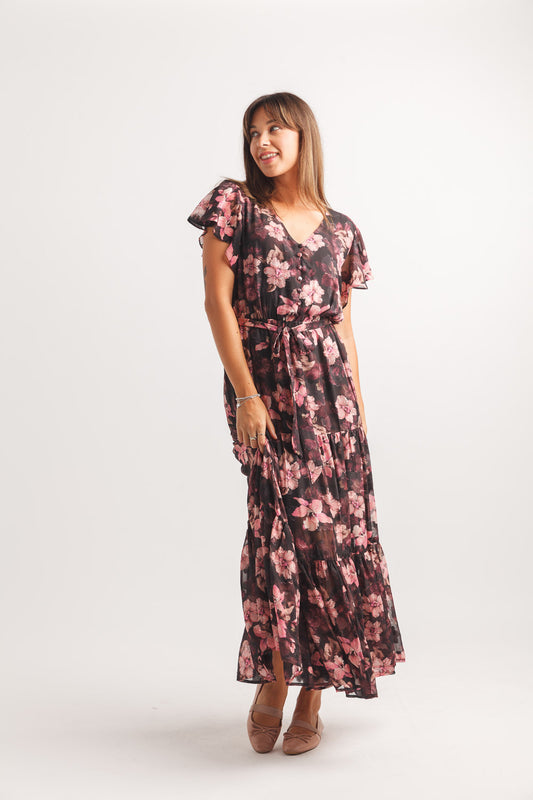 Papillon PD20548 Black Floral Satin Burnout Tiered Maxi Dress
